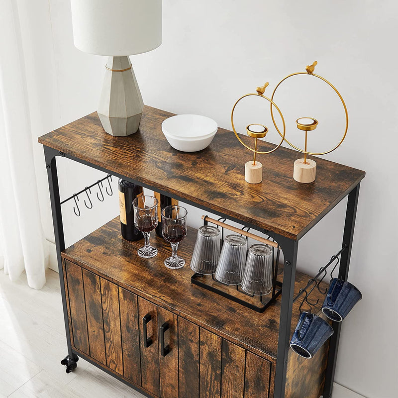 serveerwagen, keukenkast met deuren, keukentrolley, 8 haken, voor eetkamer, woonkamer, keuken, vintage bruin-zwart LSC093B01