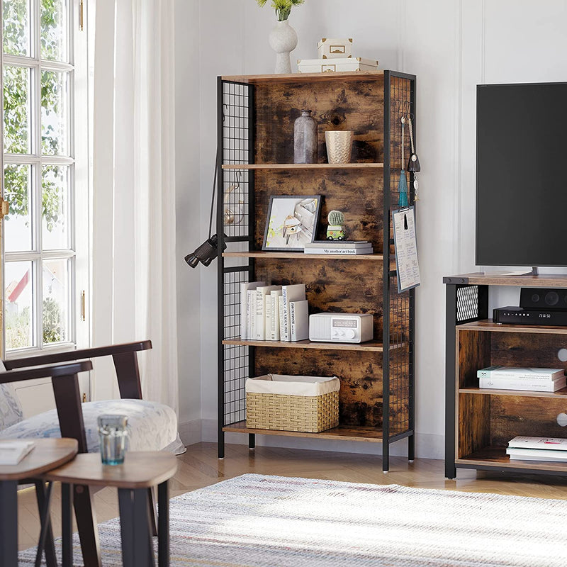 Boekenplank, kantoorplank, keukenplank, 4 planken, 4 S-haken, , stalen frame, industrieel ontwerp, vintage bruin-zwart LBC023B01