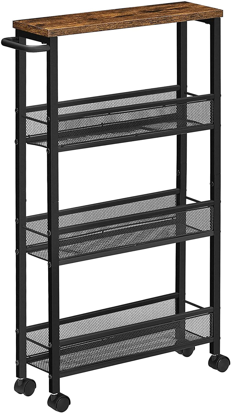 Serveerwagen, keukenrek op wielen, smal, keukenwagen, rolwagen, 360° draaibare wielen, metalen frame, voor keuken, woonkamer, thuiskantoor, vintage bruin-zwart LRC032B01