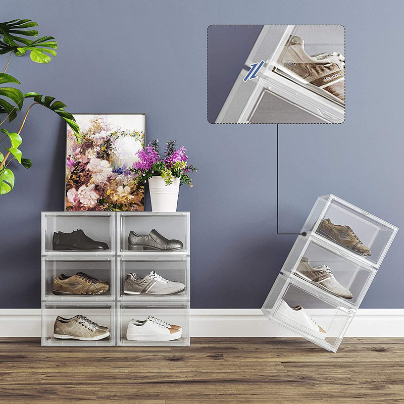 schoendozen, set van 6, stapelbare schoen organizers, plastic dozen met transparante deur, schoenopslag, voor schoenen tot maat 46, 36 x 28 x 22 cm, transparant LSP06CW