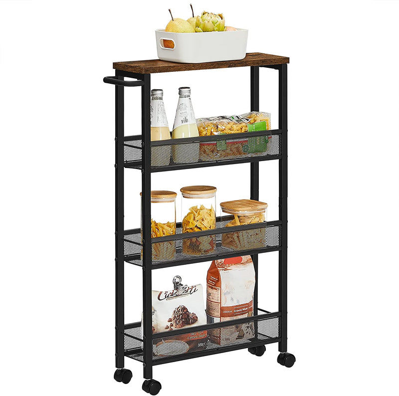 Serveerwagen, keukenrek op wielen, smal, keukenwagen, rolwagen, 360° draaibare wielen, metalen frame, voor keuken, woonkamer, thuiskantoor, vintage bruin-zwart LRC032B01