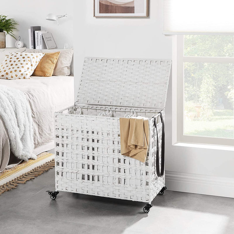 handgeweven wasmand met deksel, wasmand in rotanstijl met 3 aparte compartimenten, handgrepen, verwijderbare voeringzakken, voor woonkamer, badkamer, wasruimte, wit LCB083W01