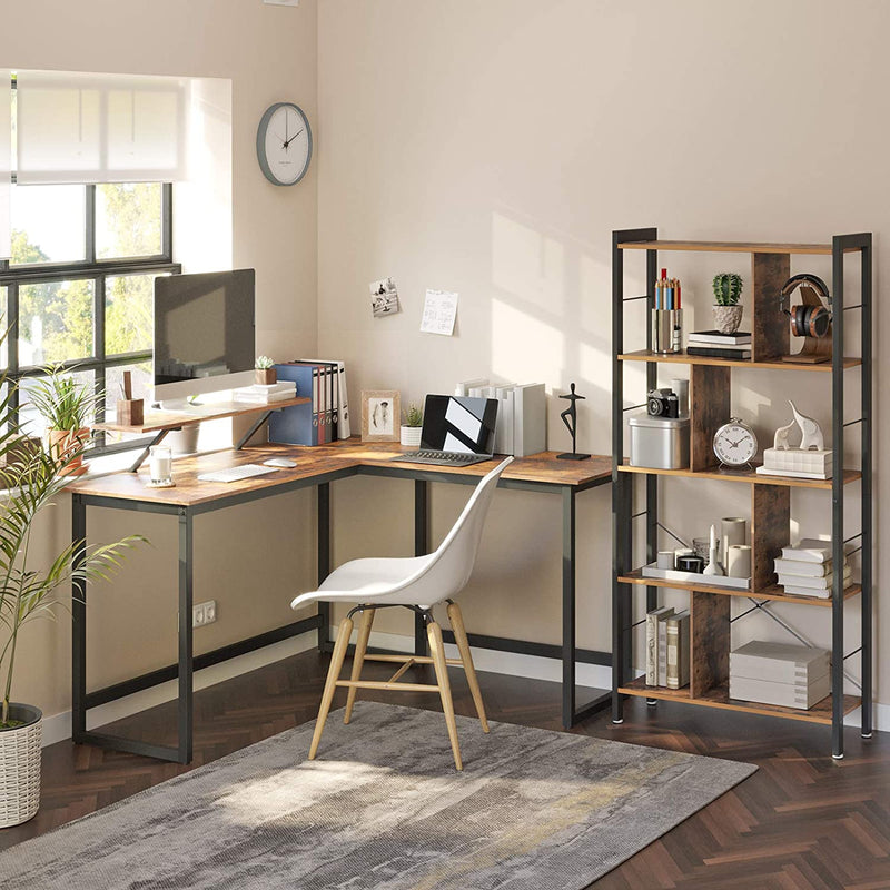 Bureau, L-vormig computerbureau met beweegbare monitorbevestiging, hoekbureau,  bruin-zwart LWD56X