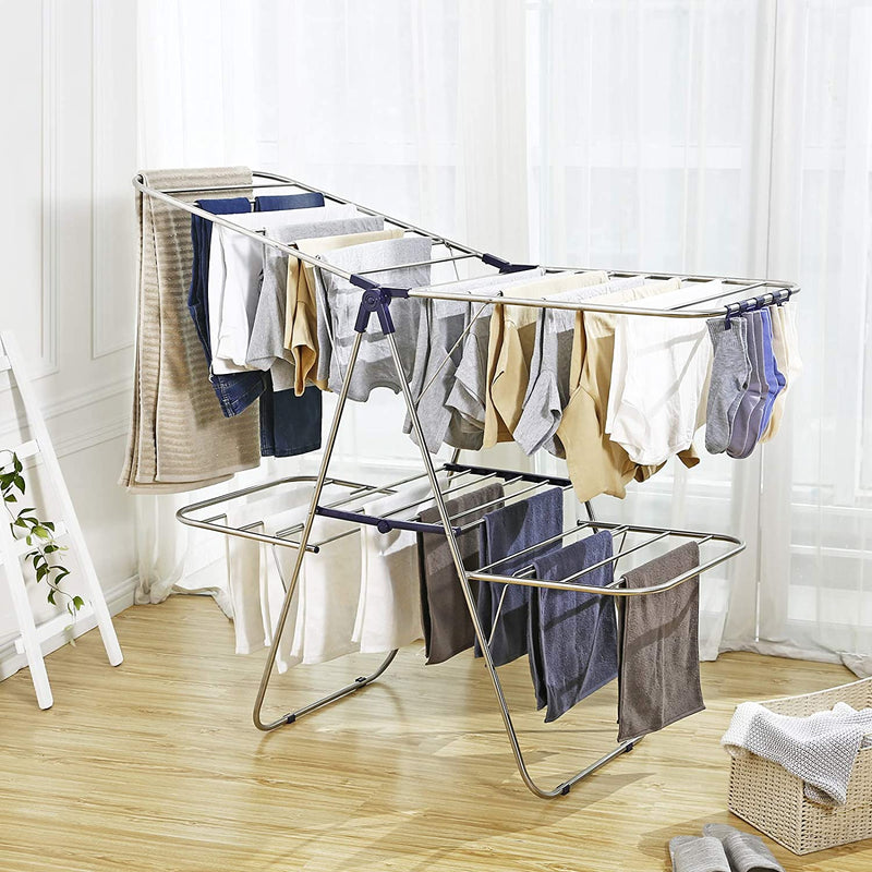 kledingrek van roestvrij staal, wasdroger met in hoogte verstelbare vleugels, vleugel kledingrek met 2 niveaus, voor sokken, bedlinnen, kleding, opvouwbaar, balkon, stal, blauwe LLR53BU