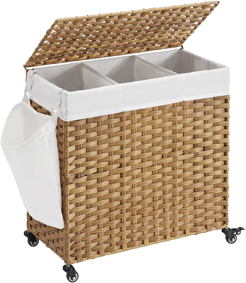 Wasmand, handgeweven, wasverzamelaar, 140 L, gemaakt van polyrattan, met 3 compartimenten, uitneembare zak, deksel, handvaten, voor woonkamer, badkamer, 66 x 33 x 60 cm, kleur naturel LCB363N01