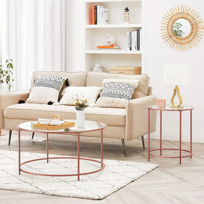 Bijzettafel Rond, Salontafel, Glazen Tafel met Metalen Frame, Gehard Glas, Nachtkastje, Sofa Tafel, voor Balkon, Rose Goud LGT021A02