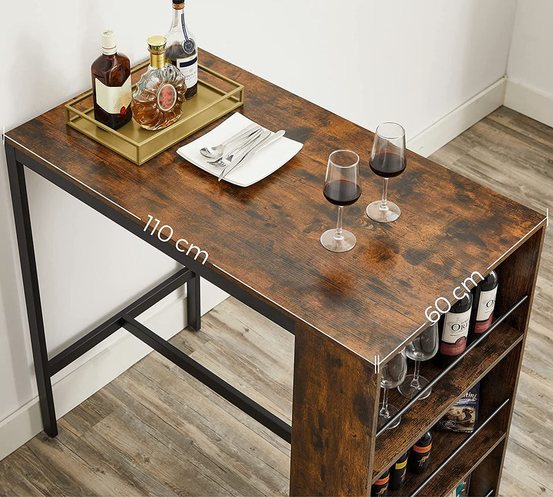 bartafel met schap, bartafel, keukentafel, 3 open schappen, eettafel, aanrecht, voor keuken, eetkamer, 110 x 60 x 100 cm, industrieel ontwerp, vintage bruin-zwart LBT016B01