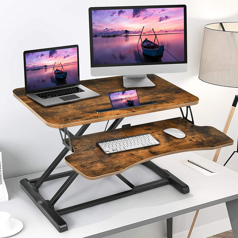 Zit-sta werkstation, in hoogte verstelbare staande bureau verhoger met grote tafelblad 80 x 40cm, ergonomisch bureau, zit-sta-bureau (Bruin)