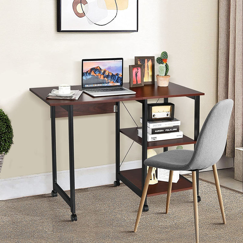 Opvouwbare computer bureau, moderne schrijftafel met 2 laags opslagplanken, PC laptop computertafel werkstation met 6 wielen, ruimtebesparende compacte bureau voor thuiskantoor klein appartement
