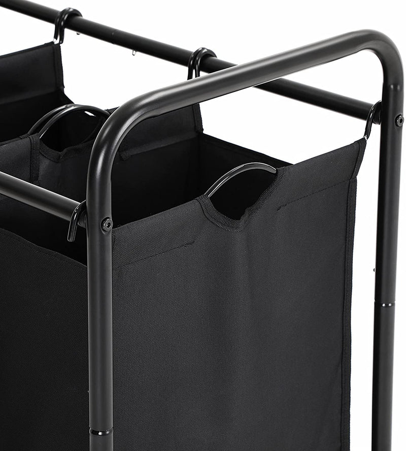 Wasmand, wasverzamelaar met 3 afneembare stoffen zakken, wasbak op wielen, wasserette, stevig, 3 x 44 liter, zwart LSF003B