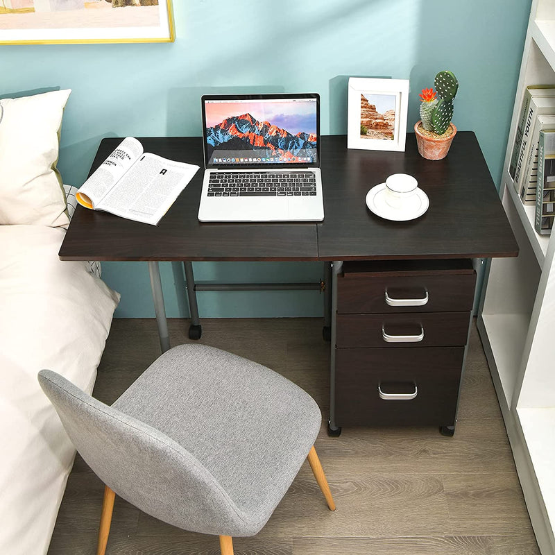 Bureau, computertafel, opvouwbaar computerbureau,  met 3 uitschuifbare laden en vergrendelbare wielen,105,5 x 50,5 x 74cm (Bruin)