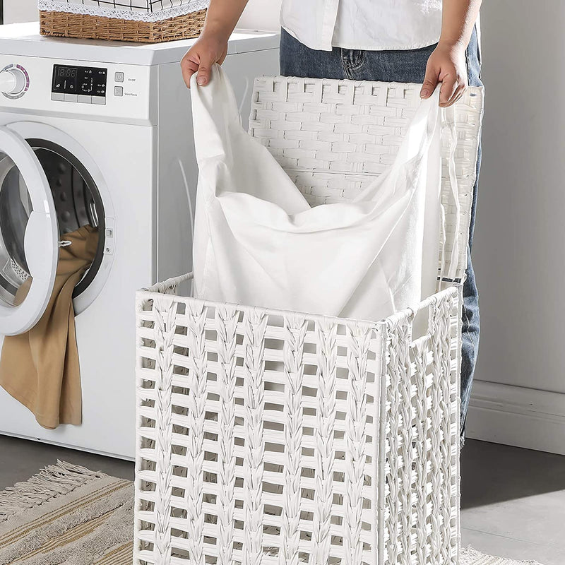 Handgeweven wasmand met deksel, wasmand in rotanstijl met uitneembare voeringzak, metalen frame, opbergmand, 45,5 x 32 x 51,5 cm, voor wasruimte, slaapkamer, badkamer, wit LCB050W01