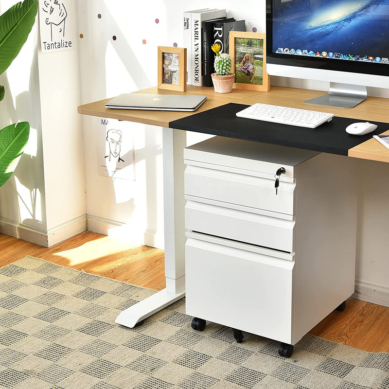 3 Lades verrijdbare archiefkast met slot, mobiele archiefkast met 2 sleutels en handgrepen, 40 x 50 x 64,5 cm (Wit)