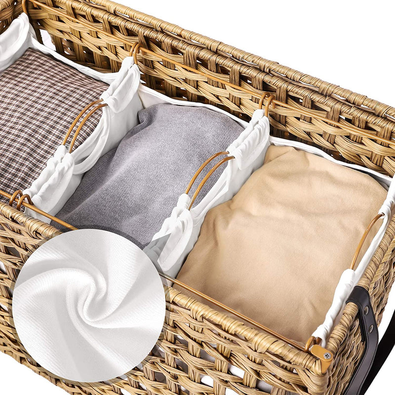 handgeweven wasmand met deksel, wasmand in rotanstijl met 3 aparte compartimenten, handgrepen,  naturel LCB083N01