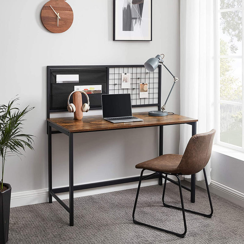 Computertafel, bureau, met raster en opbergvakken van stof, stalen frame, 118 cm lang, bruin-zwart LWD068B01