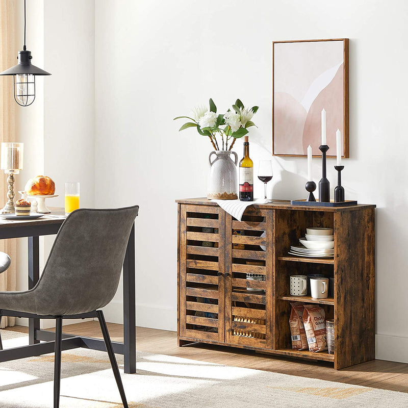 Dressoir, keukenkast met 2 lamellendeuren, verstelbare legplank, vrijstaand, 3 open vakken, voor eetkamer, 100 x 35 x 75 cm, vintage bruin LBF004X01