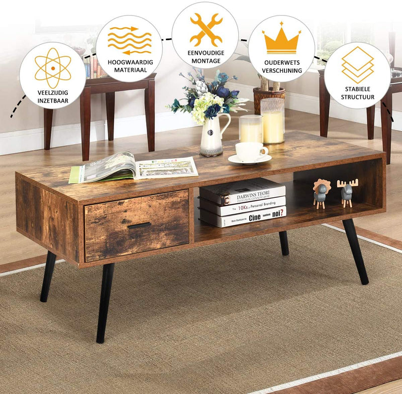 Koffietafel, salontafel, cocktailtafel, middeleeuwse moderne accenttafel met 1 lade en opbergrek voor de woonkamer, receptie, eenvoudige montage, 109 x 55 x 44,5 cm