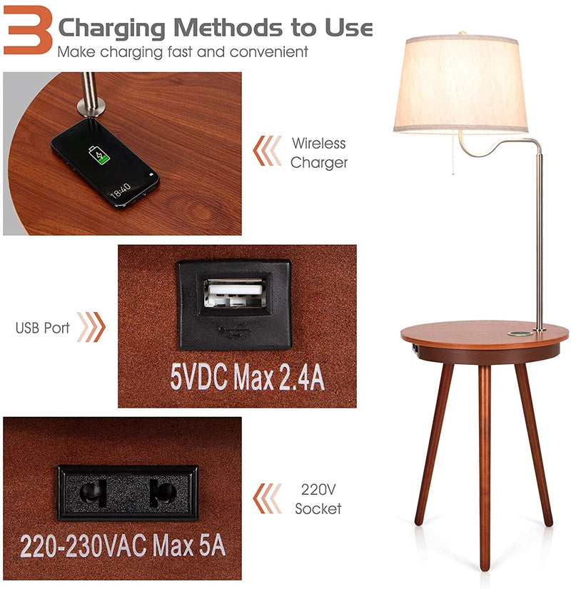 Staande lamp bijzettafel, 3-in-1 staande lampen, stoffen lampekap & houten bijzettafel, inclusief USB oplaadpoort, 220V stopcontact & draadloze oplader,