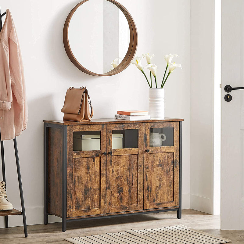 Sideboard, keukenkast, opbergkast, met glazen deuren, voor woonkamer, keuken, eetkamer, stalen frame, industriële stijl, vintage bruin-zwart LSC099B01
