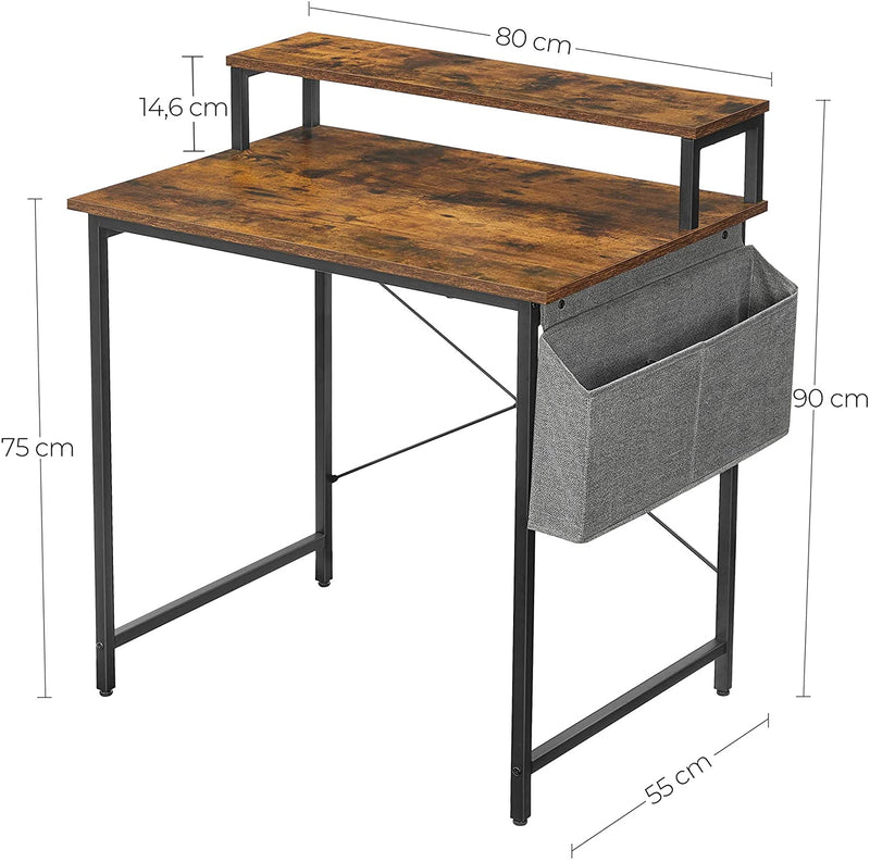 Bureau, computerbureau met monitorstandaard, opbergtas, verstelbare poten, industrieel ontwerp, 80 x 55 x 90 cm, voor thuiskantoor, vintage bruin-zwart LWD080B01