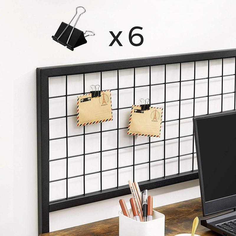 Computertafel, bureau met roosterwand, stoffen opbergvakken, voor foto's, briefpapier, industrieel, vintage bruin-zwart LWD053B01