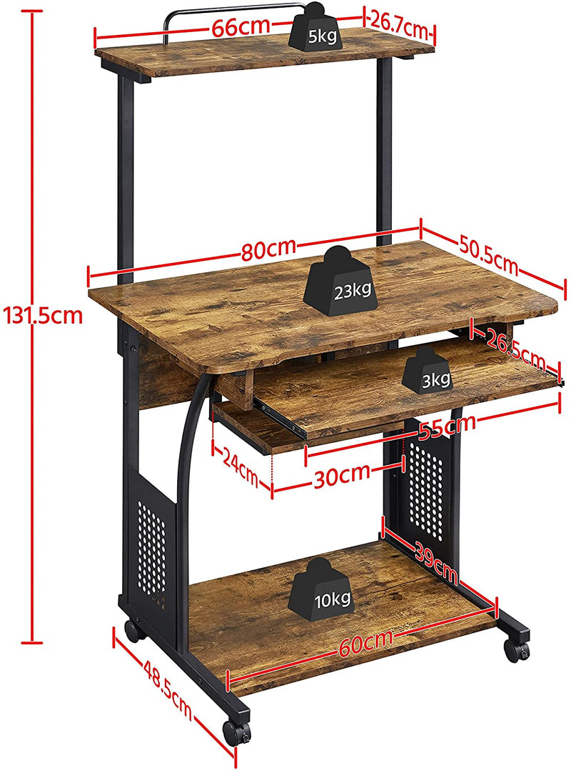 Bureau met wieltjes werktafel PC laptop tafel thuis kantoor met plank 80 x 50 x 132 cm vintage