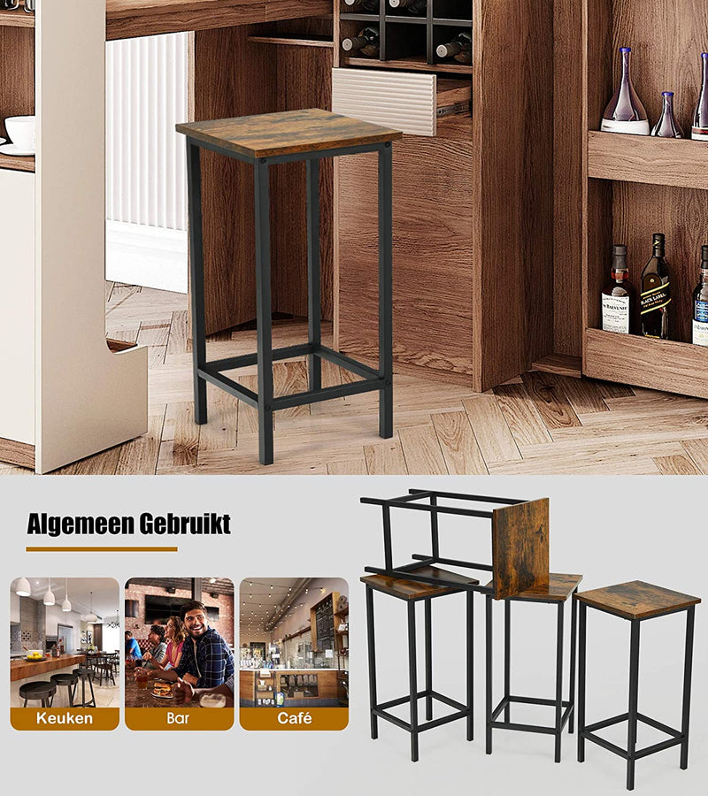 Set van 4 barkruk, hoge zonder rugleuning  voetensteun, glad oppervlak,(Rustiek Bruin)