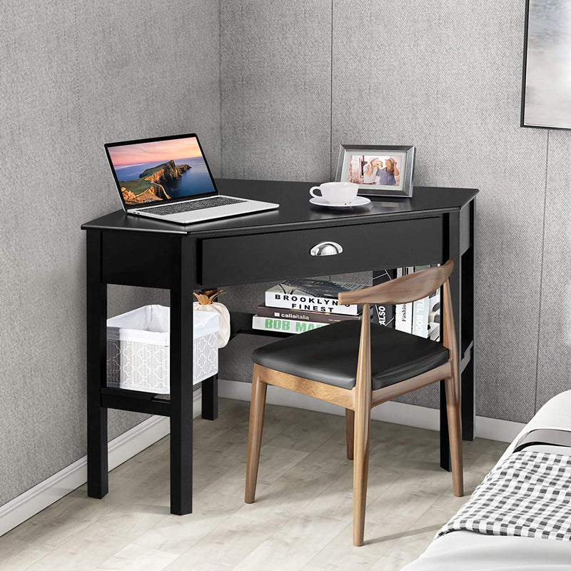 Bureau, Hoekbureau, Houten L-vormig computerbureau, Compacte Schrijftafel met Lade & Planken, Ruimtebesparend Werkstation, Laptop PC hoek Tafel Meubilair voor thuiskantoor (Zwart)