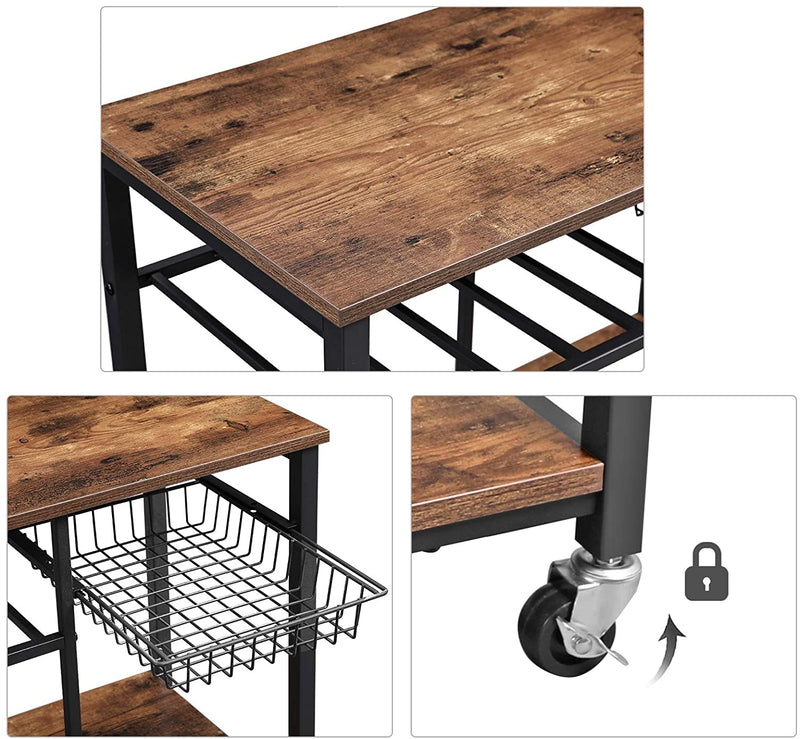 keukenplank met metalen korf- en flessenhouder, wijnrek, serveerwagen, keukenwagen, wagen met 3 planken, 80 x 40 x 86,5 cm, industrieel ontwerp, vintage, donkerbruin KKS80X