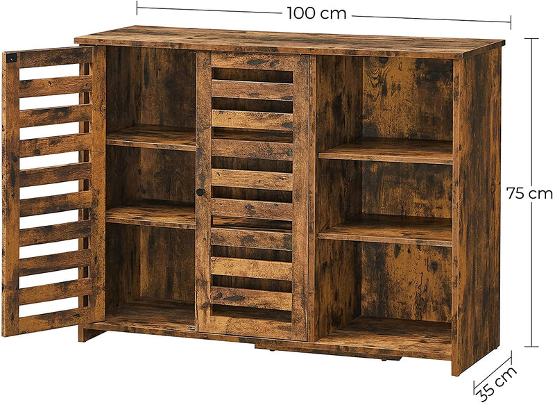 Dressoir, keukenkast met 2 lamellendeuren, verstelbare legplank, vrijstaand, 3 open vakken, voor eetkamer, 100 x 35 x 75 cm, vintage bruin LBF004X01
