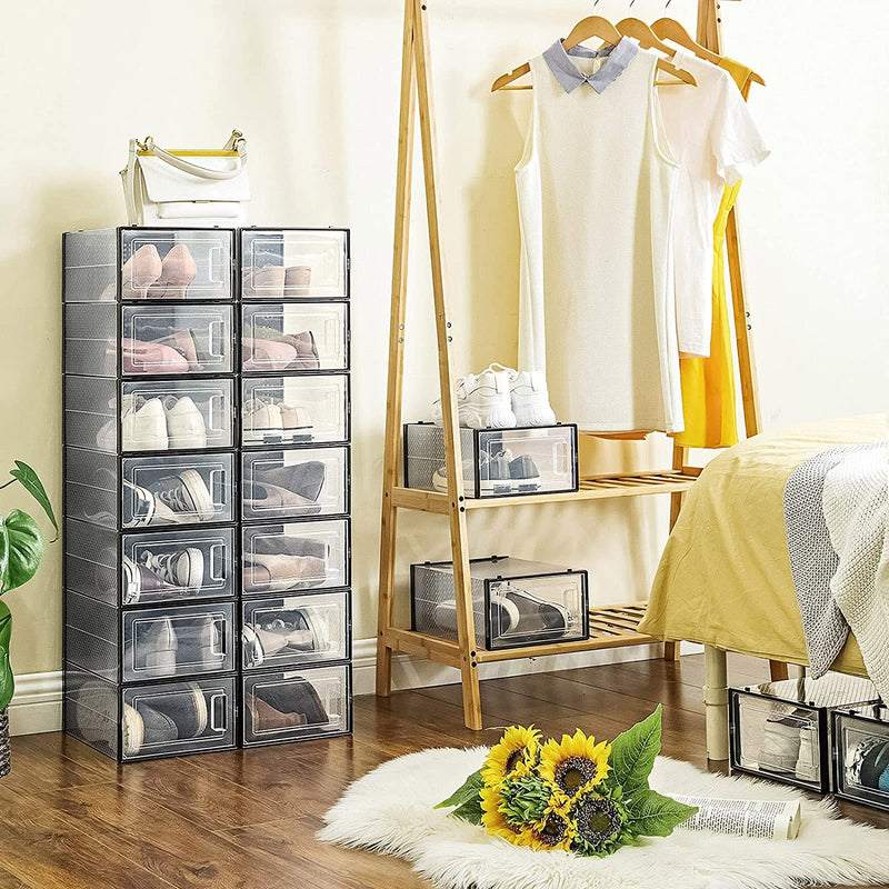 schoendozen, set van 18, opbergdozen voor schoenen, schoen organizer, plastic dozen, opvouwbaar en stapelbaar, voor schoenen tot maat 42, transparant zwart LSP18SBKV1