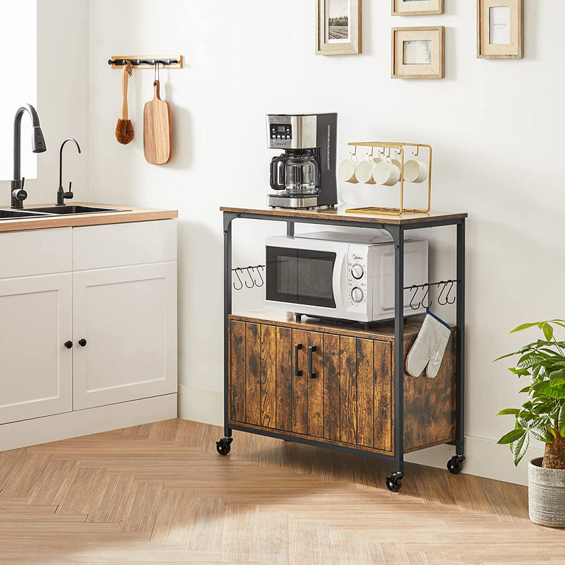 serveerwagen, keukenkast met deuren, keukentrolley, 8 haken, voor eetkamer, woonkamer, keuken, vintage bruin-zwart LSC093B01