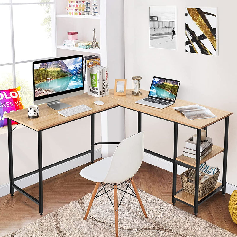 L-vormige bureau, kantoor/thuis bureau met twee opbergrek,  (Natuurlijk)