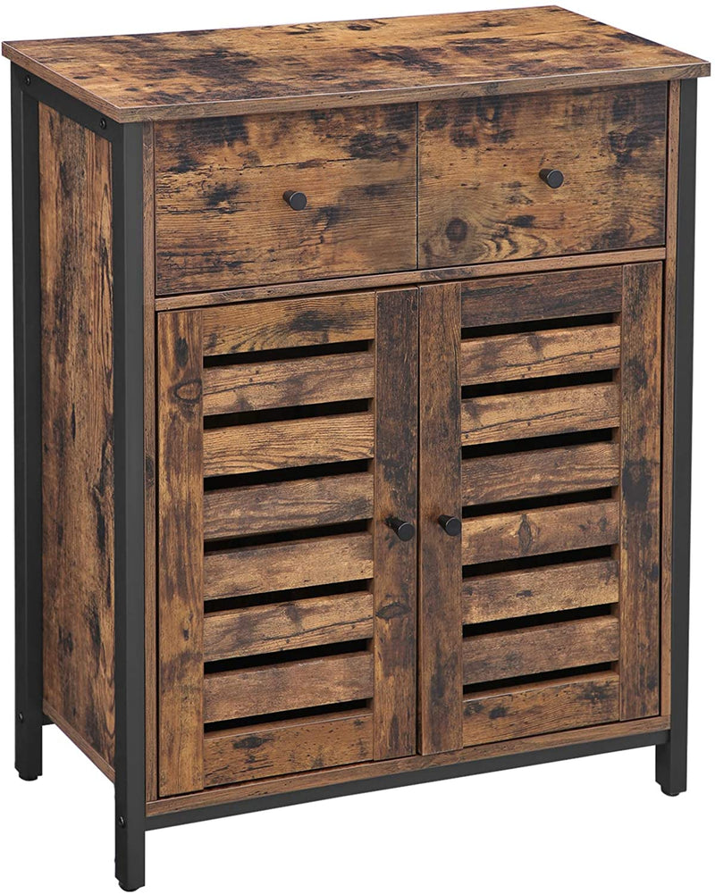 Bijzetkast, dressoir met plank en lade, keukenkast, met lamellendeuren, woonkamer, slaapkamer, werkkamer, kantoor, hal, industrieel design, vintage, donkerbruin LSC86BX