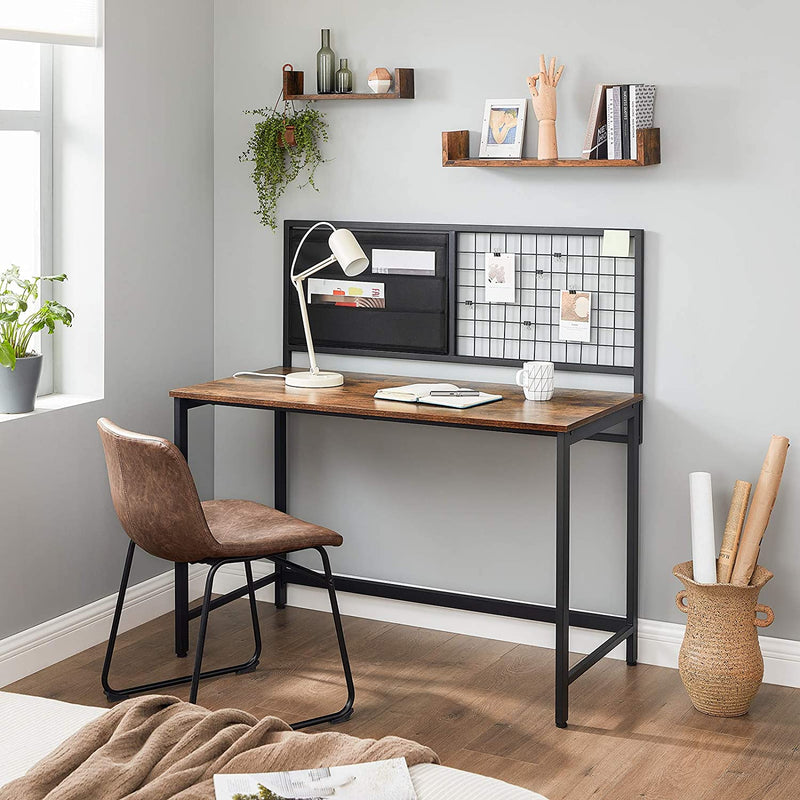 Computertafel, bureau, met raster en opbergvakken van stof, stalen frame, 118 cm lang, bruin-zwart LWD068B01
