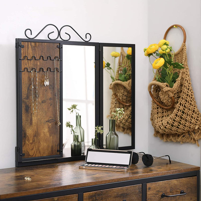 Kaptafel met kruk, Dressing Table met 3-delige klapspiegel en 3 lades, stalen frame, vintage bruin-zwart RVT02BX