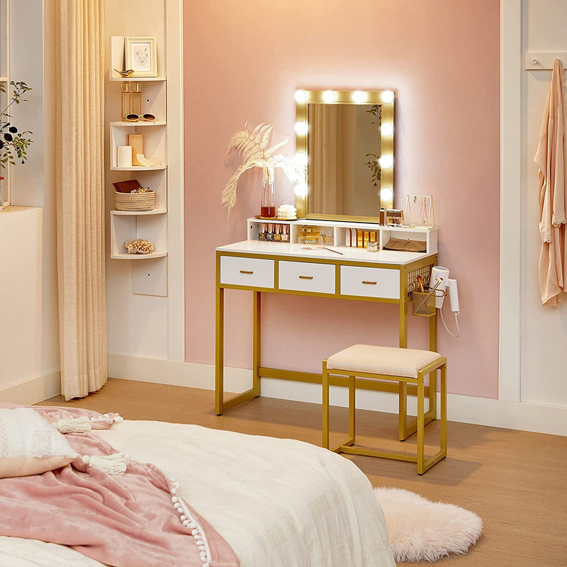 Kaptafel met verlichting, kaptafel met kruk, cosmeticatafel, 10 ledlampen, spiegel, instelbare helderheid, voor slaapkamer, modern, wit-goudkleurig