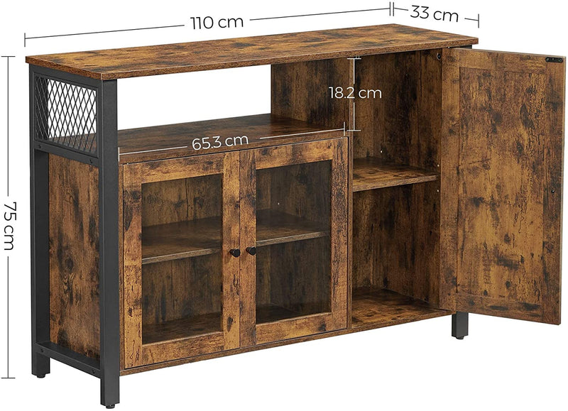 Sideboard, keukenkast, opbergkast, met 3 deuren, voor woonkamer, keuken, eetkamer, 110 x 33 x 75 cm, industriële stijl, vintage-bruin-zwart LSC096B01