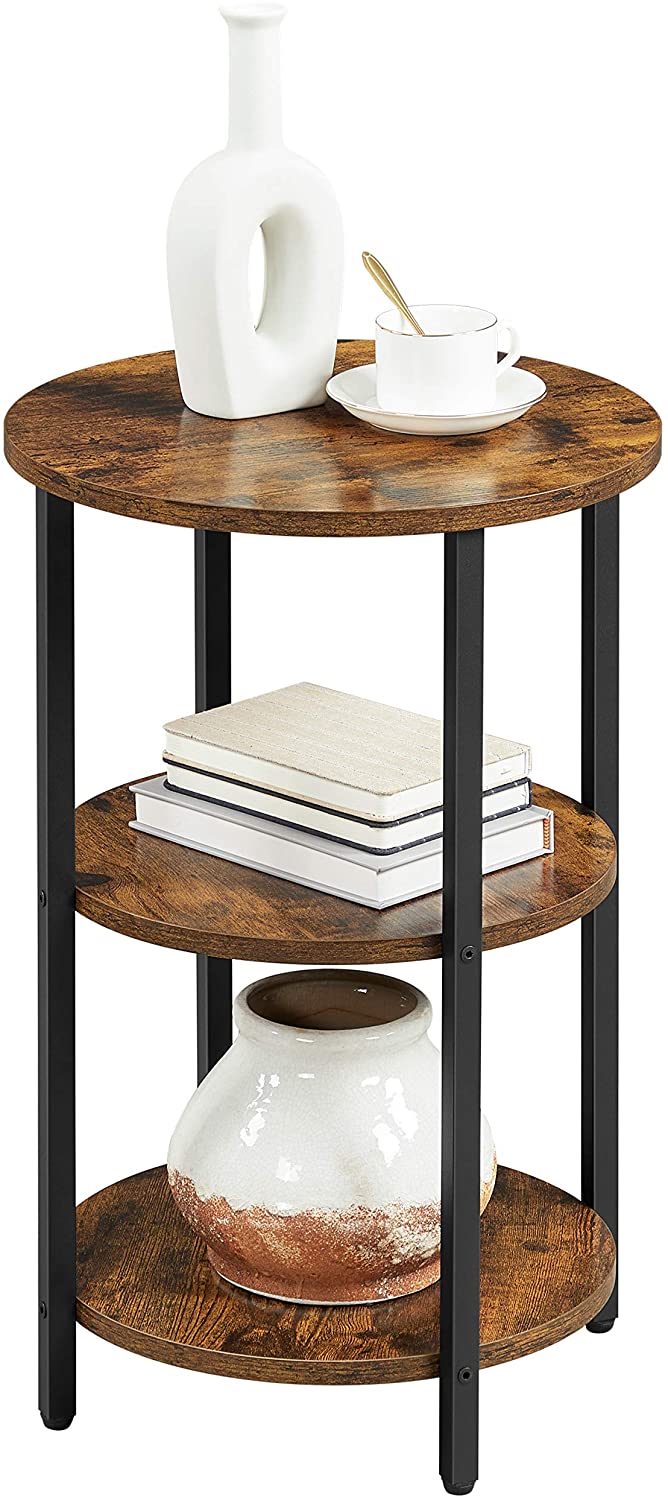 Bijzettafel, banktafel, rond, met 3 planken, gemaakt van staal, gemakkelijk te monteren, voor woonkamer, slaapkamer, industriële stijl, vintage bruin-zwart LET280B01