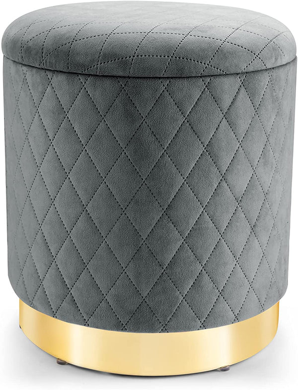 Ronde opberg poef, zachte gewatteerde voetenbank, zitkruk met opbergruimte,150 kg, 36 x 36 x 41cm (Grijs)