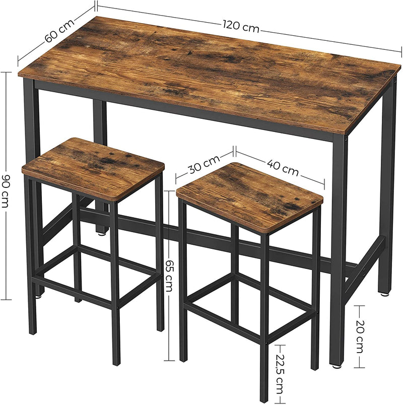 bartafel set, bartafel met 2 barkrukken, aanrecht met barstoelen, keukentafel en keukenstoelen in industrieel ontwerp, voor keuken, 120 x 60 x 90 cm, vintage, donkerbruin LBT15X