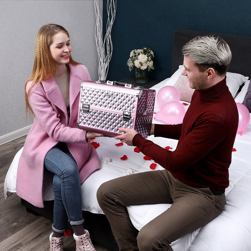 Beauty Case ,Make up koffer , Multi Case Make-up Case Vloertas Met Diamantpatroon Zilverkleurig Roze 36 x 28 x 23 cm JBC319P