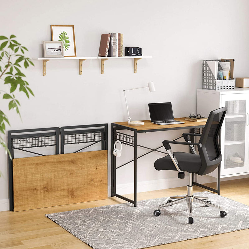 Computertafel, opklapbaar bureau met 8 haken, , honingbruin-zwart LWD042B05
