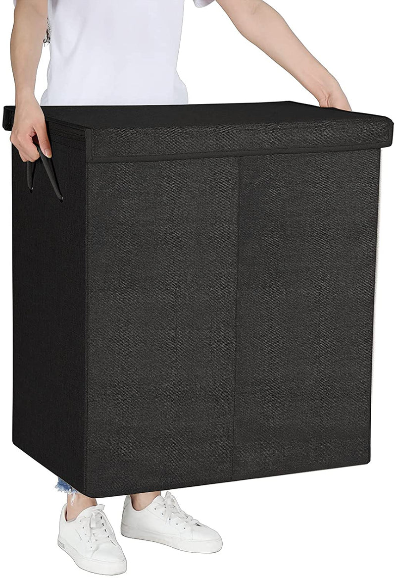 wasmand  imitatielinnen wasmand, wassorteermachine, waskist met aparte compartimenten, magnetisch deksel en handvatten, opvouwbaar, waszak afneembaar, zwart LCB02BK