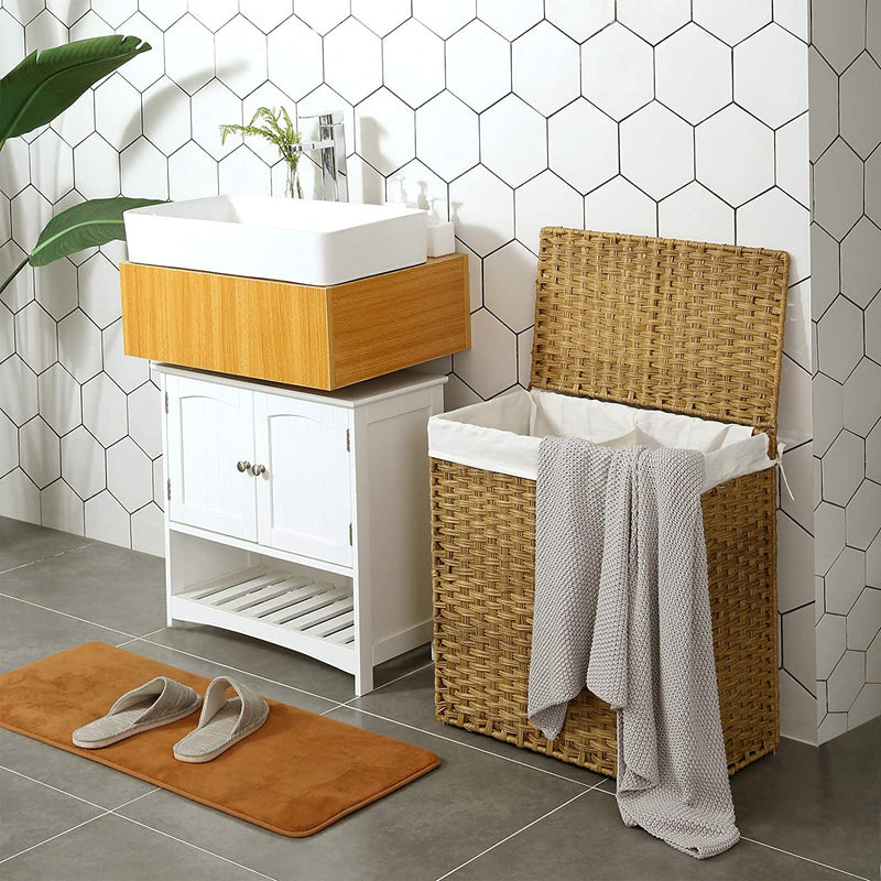 Wasmand handgevlochten, wasmand van synthetisch rotan, met deksel en handgrepen, wassorteerder, opvouwbaar, waszak uitneembaar, natuurlijke kleuren LCB52NL