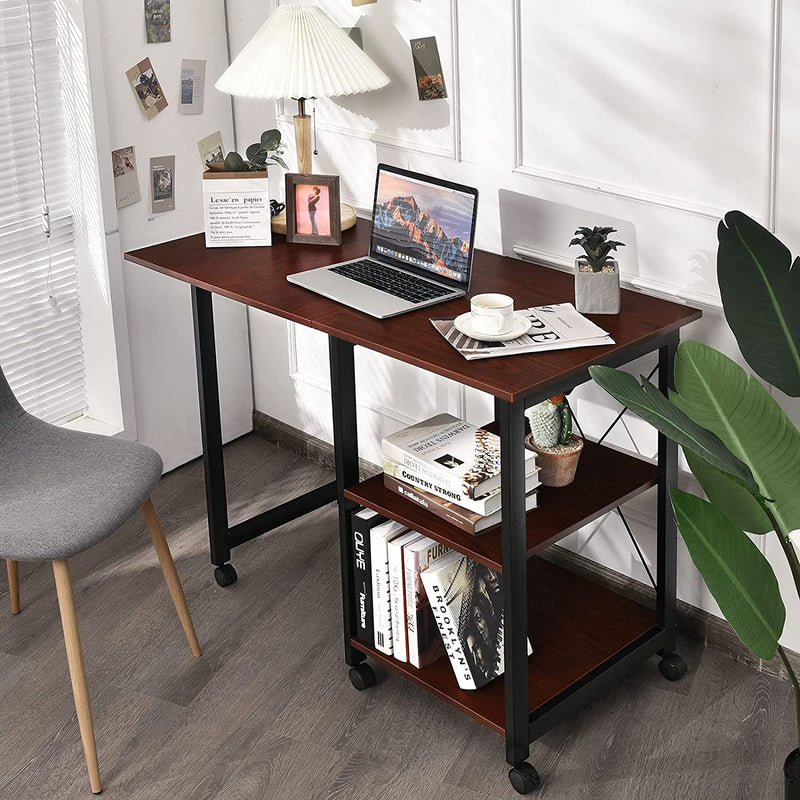 Opvouwbare computer bureau, moderne schrijftafel met 2 laags opslagplanken, PC laptop computertafel werkstation met 6 wielen, ruimtebesparende compacte bureau voor thuiskantoor klein appartement