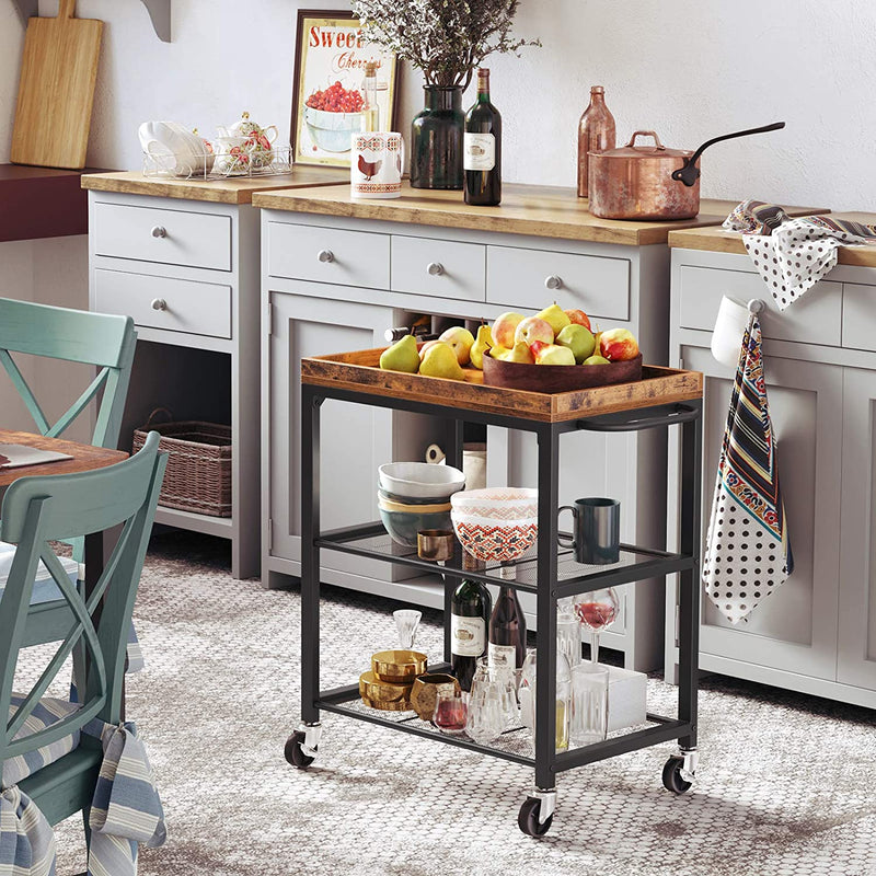 Serveerwagen, keukentrolley met universele wielen, keukenrek met verstelbare poten, stabiel metalen frame, 2 roosterniveaus, 60 x 40 x 75 cm, industrieel design, vintage, donkerbruin LRC75BX