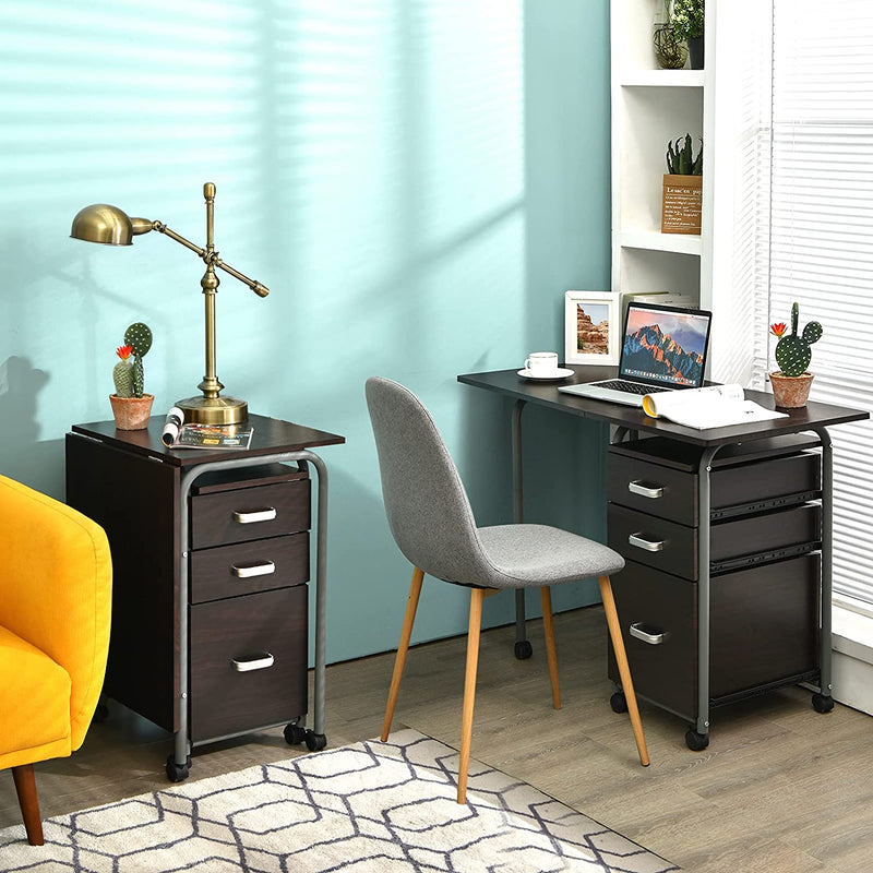 Bureau, computertafel, opvouwbaar computerbureau,  met 3 uitschuifbare laden en vergrendelbare wielen,105,5 x 50,5 x 74cm (Bruin)
