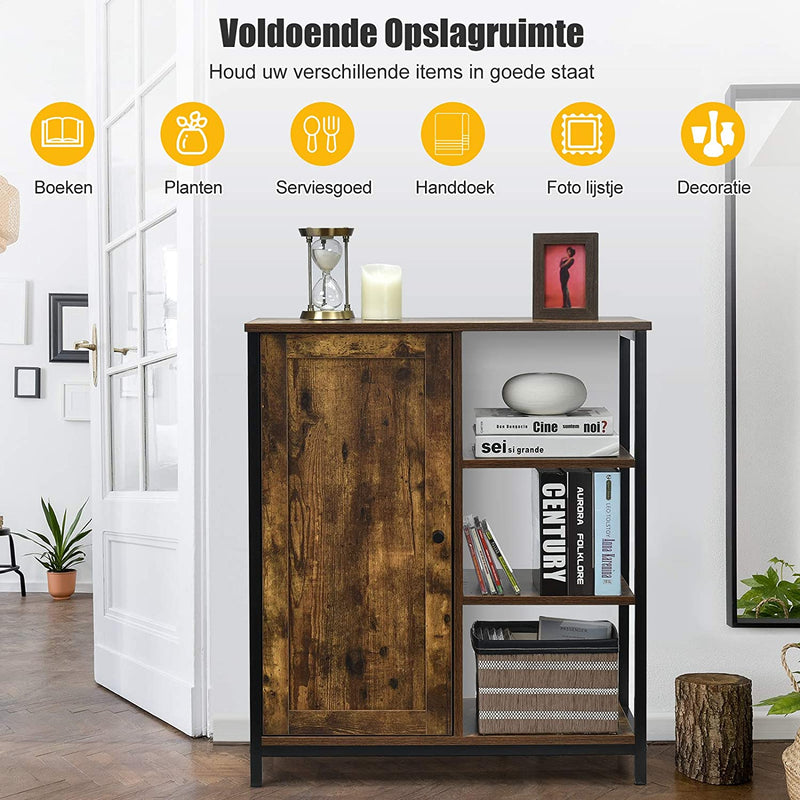 Industriële opbergkast, vrijstaande kast met 3 open planken en deur, multifunctioneel vloerkast dressoir met metalen frame