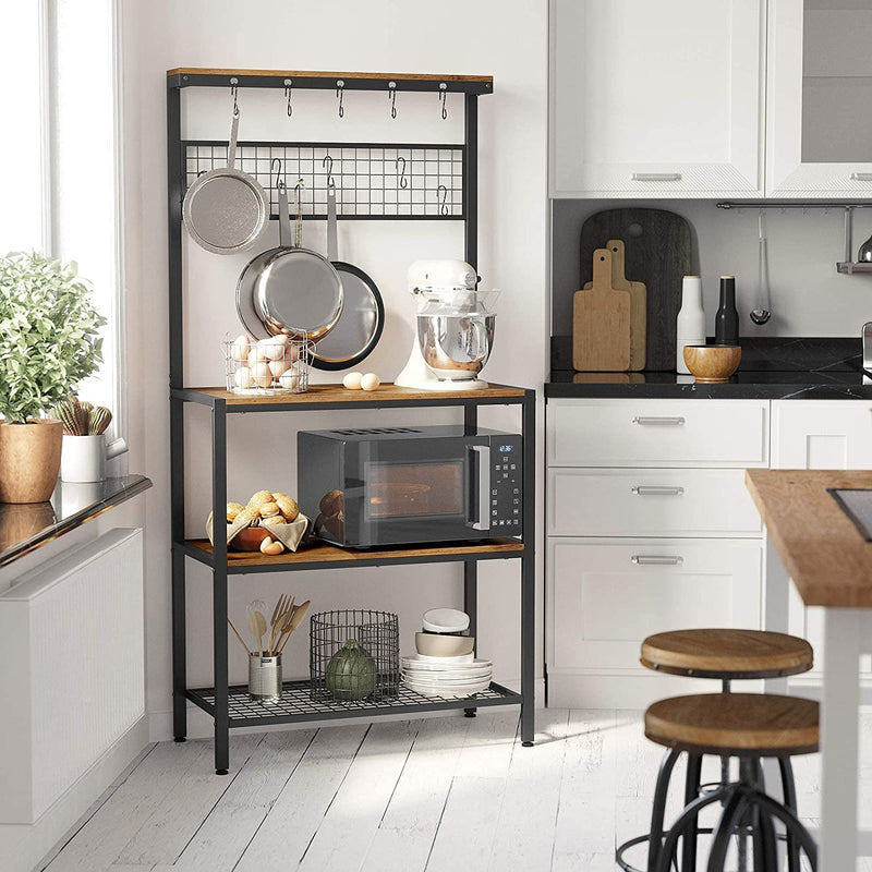 keukenplank, staande plank voor de keuken, plankniveaus in houtlook, 10 haken, metalen roosterplank, voor magnetron, serviesgoed, 84 x 40 x 170 cm, industrieel ontwerp, vintage bruin-zwart KKS17BX